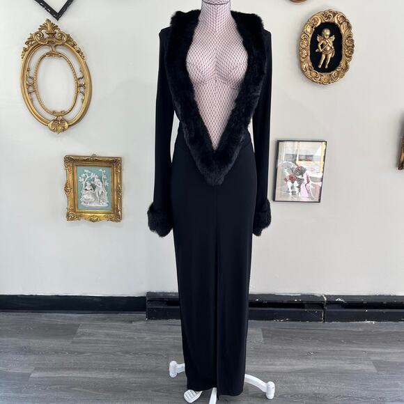 Vintage Y2K goth vampa pennylane Nom de Plume Black Maxi Dress with Faux Fur - Picture 5 of 8